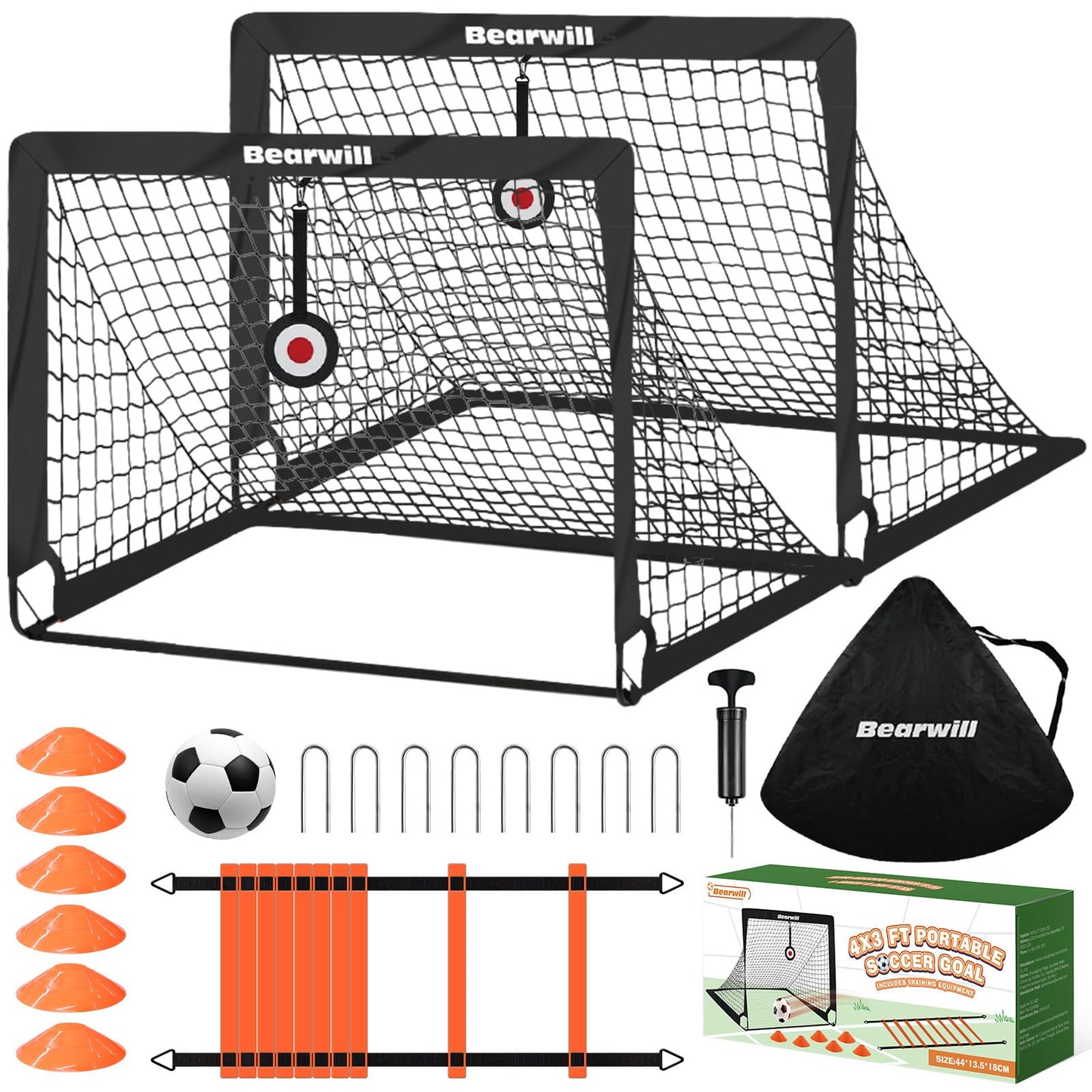 Soccer Goal, Kids Soccer Goals for Backyard Set of 2, 4x3ft Portable Soccer Goal Pop Up Soccer Net, Kids Soccer Net Training Equipment with Soccer Ball, Ladder, Cones, Targets