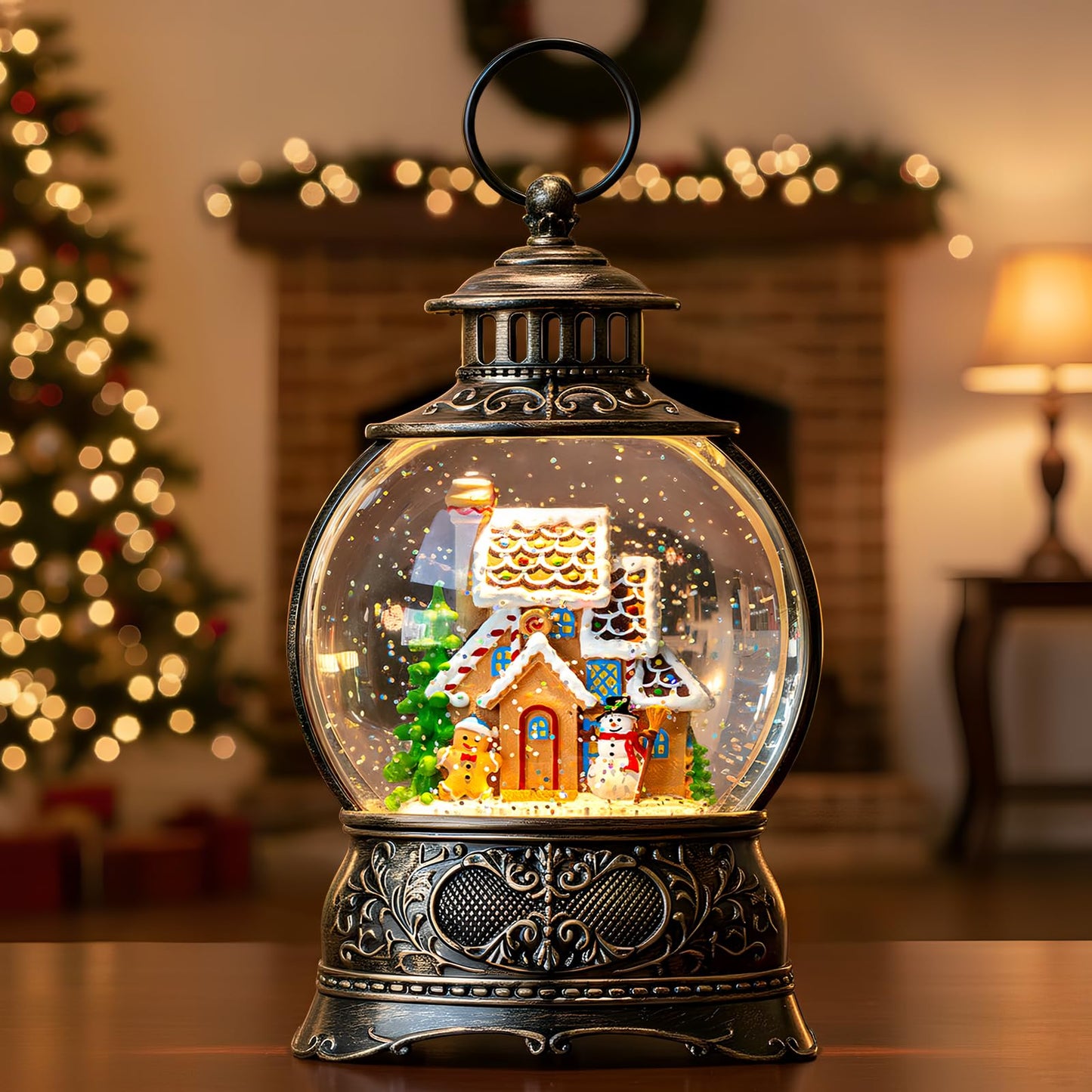 Christmas Snow Globes Christmas Water Lantern with Snowy Train Snowman, Music & 6H Timer, USB Lined/Battery Operated Lighted Lanterns for Xmas Festival Decoration Gifts