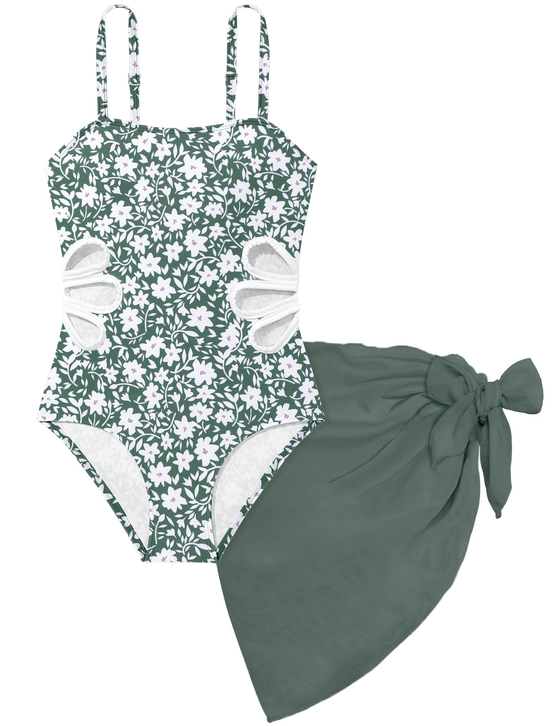 Girls Swimsuit, Adjustable Straps Cut Out One Piece Bathing Suit with Solid Color Cover Up Skirt Girls' Swimwear
