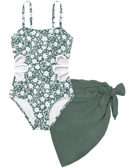 Girls Swimsuit, Adjustable Straps Cut Out One Piece Bathing Suit with Solid Color Cover Up Skirt Girls' Swimwear