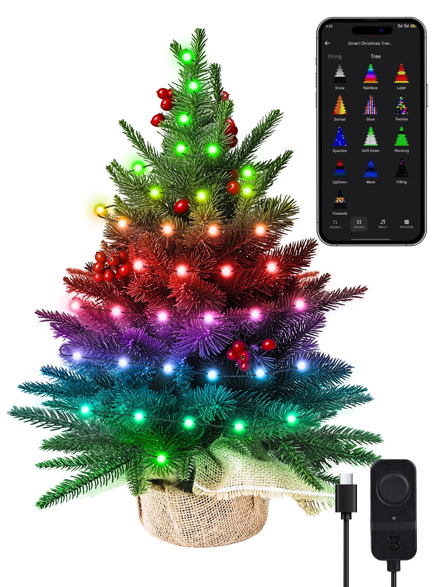Brizled Snow Flocked Smart Christmas Tree, 2ft Mini Christmas Tree with 100 LED RGB Light, App/Voice Control 159+ Scenes Tabletop Xmas Tree USB C Music Small Tree Work with PD Power for Fireplace Desk