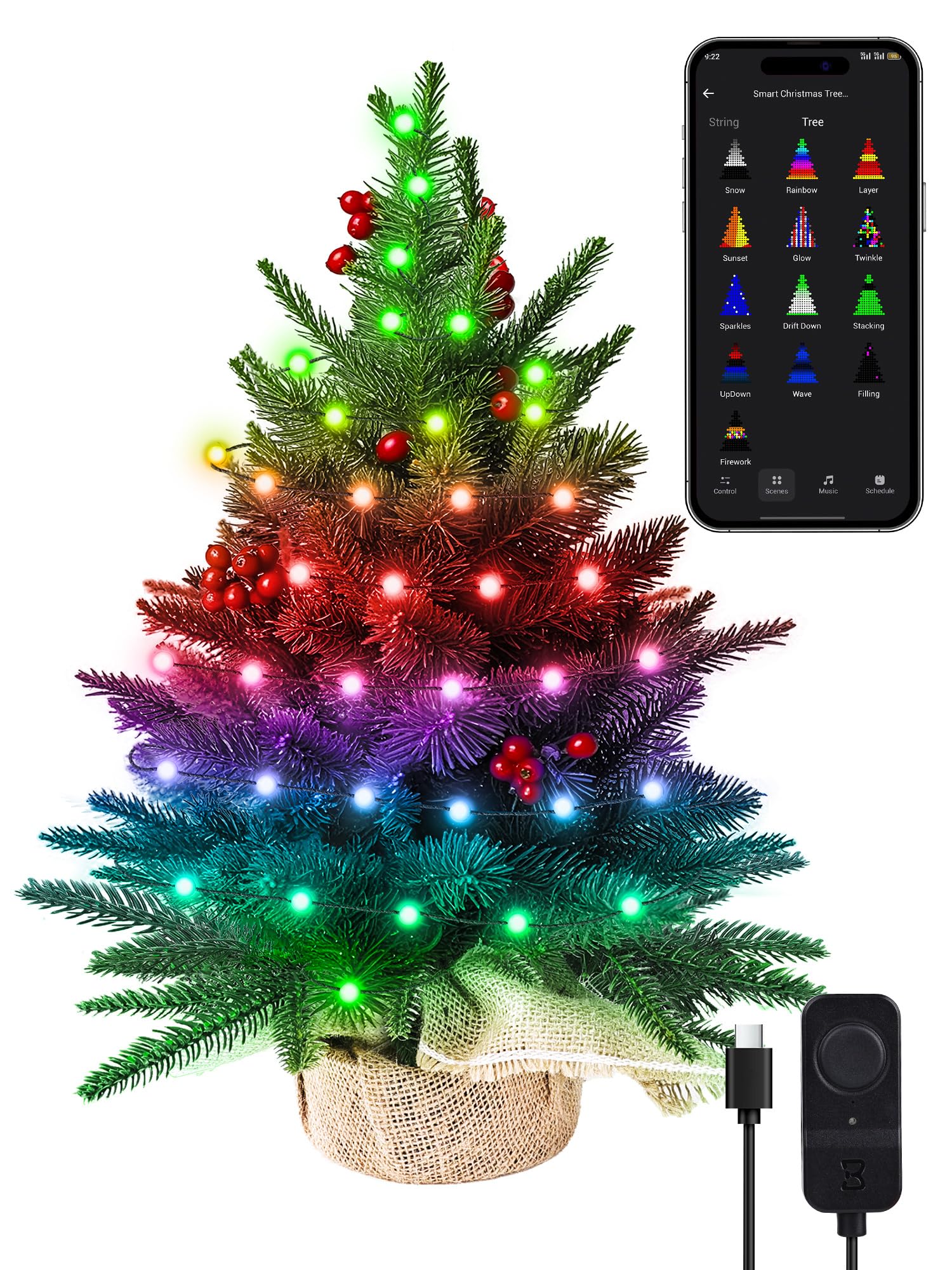 Brizled Snow Flocked Smart Christmas Tree, 2ft Mini Christmas Tree with 100 LED RGB Light, App/Voice Control 159+ Scenes Tabletop Xmas Tree USB C Music Small Tree Work with PD Power for Fireplace Desk