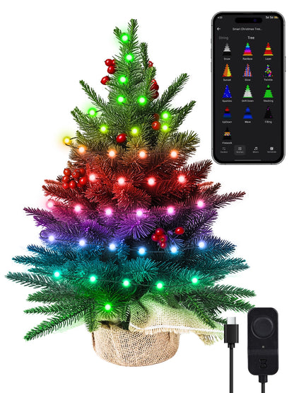 Brizled Snow Flocked Smart Christmas Tree, 2ft Mini Christmas Tree with 100 LED RGB Light, App/Voice Control 159+ Scenes Tabletop Xmas Tree USB C Music Small Tree Work with PD Power for Fireplace Desk