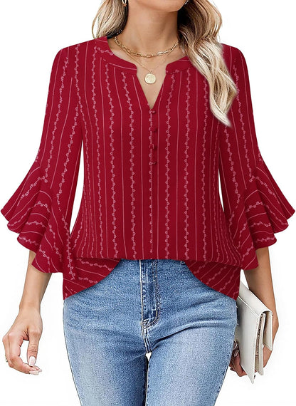 Bebonnie Womens Tops Dressy Casual Ruffle 3/4 Sleeve Henley V Neck Chiffon Blouses with Buttons