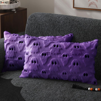 DFXSZ Halloween Pillow Covers 18x18 inch Set of 2 White Ghost Throw Pillow Cases Soft Plush Faux Fur Wool Couch Cushion Case for Chair Sofa Bedroom Living Room Home Decor PTK03A18