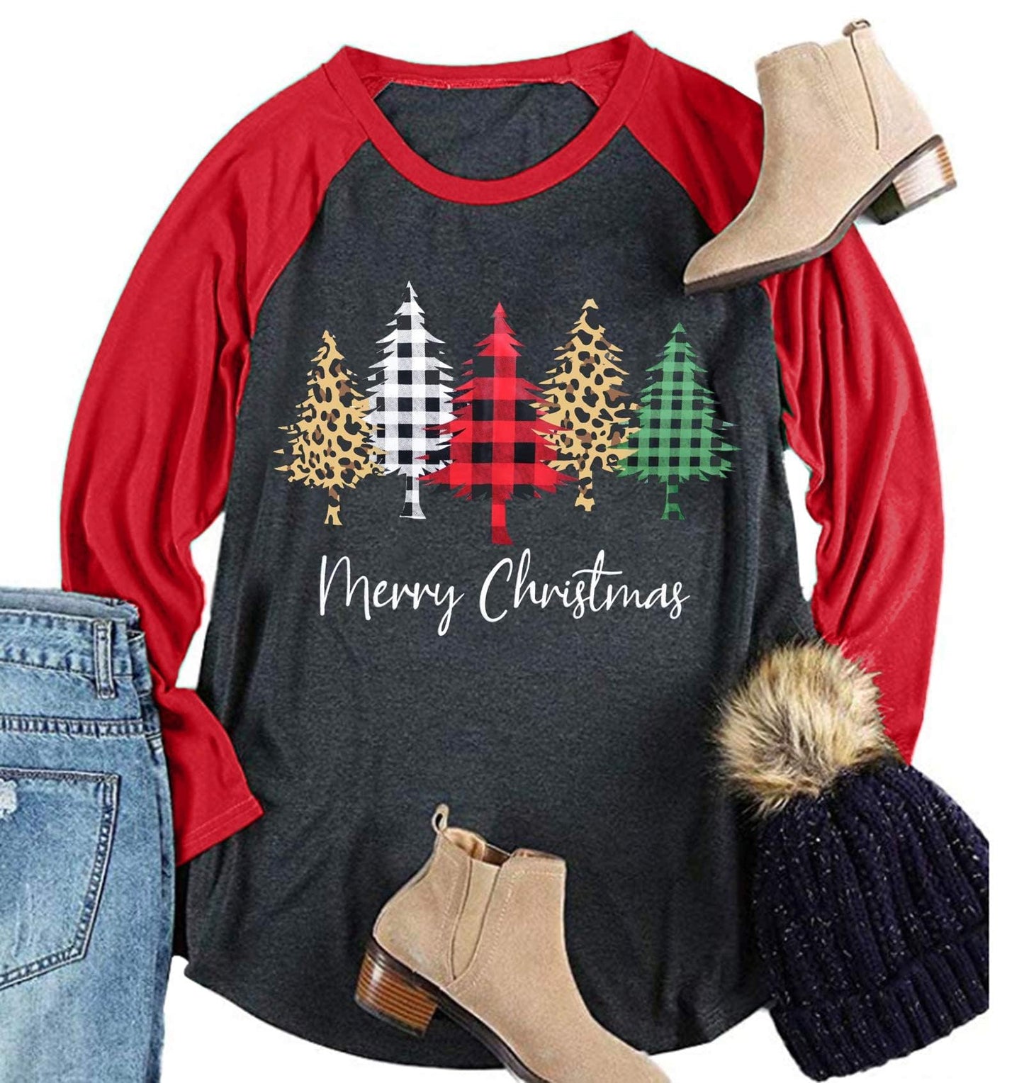 Plus Size Christmas T Shirt Women Xmas Leopard Plaid Trees Print Tees Casual Long Sleeve Holiday Shirts Top