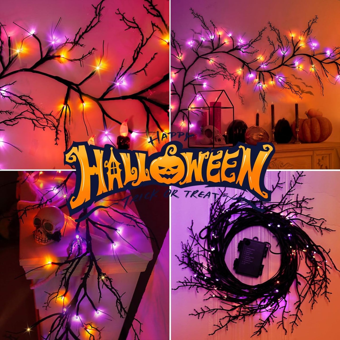 [8 Modes & Timer] 6 Ft 54LED Halloween Garland with Lights, Orange Purple Willow Vine Twig Garland Battery Operated Indoor Outdoor Fireplace Table Wall Home Party Halloween Decor