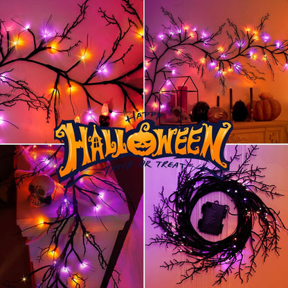 [8 Modes & Timer] 6 Ft 54LED Halloween Garland with Lights, Orange Purple Willow Vine Twig Garland Battery Operated Indoor Outdoor Fireplace Table Wall Home Party Halloween Decor