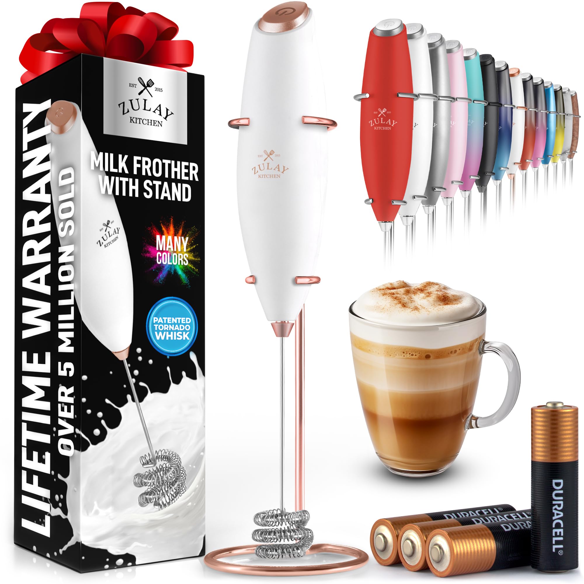 Zulay Kitchen Powerful Milk Frother Wand With 2 Duracell Batteries - Ultra Fast Handheld Drink Mixer - Electric Whisk Foam Maker for Coffee, Lattes, Cappuccino, Matcha, Hot Chocolate & Creamer - Black