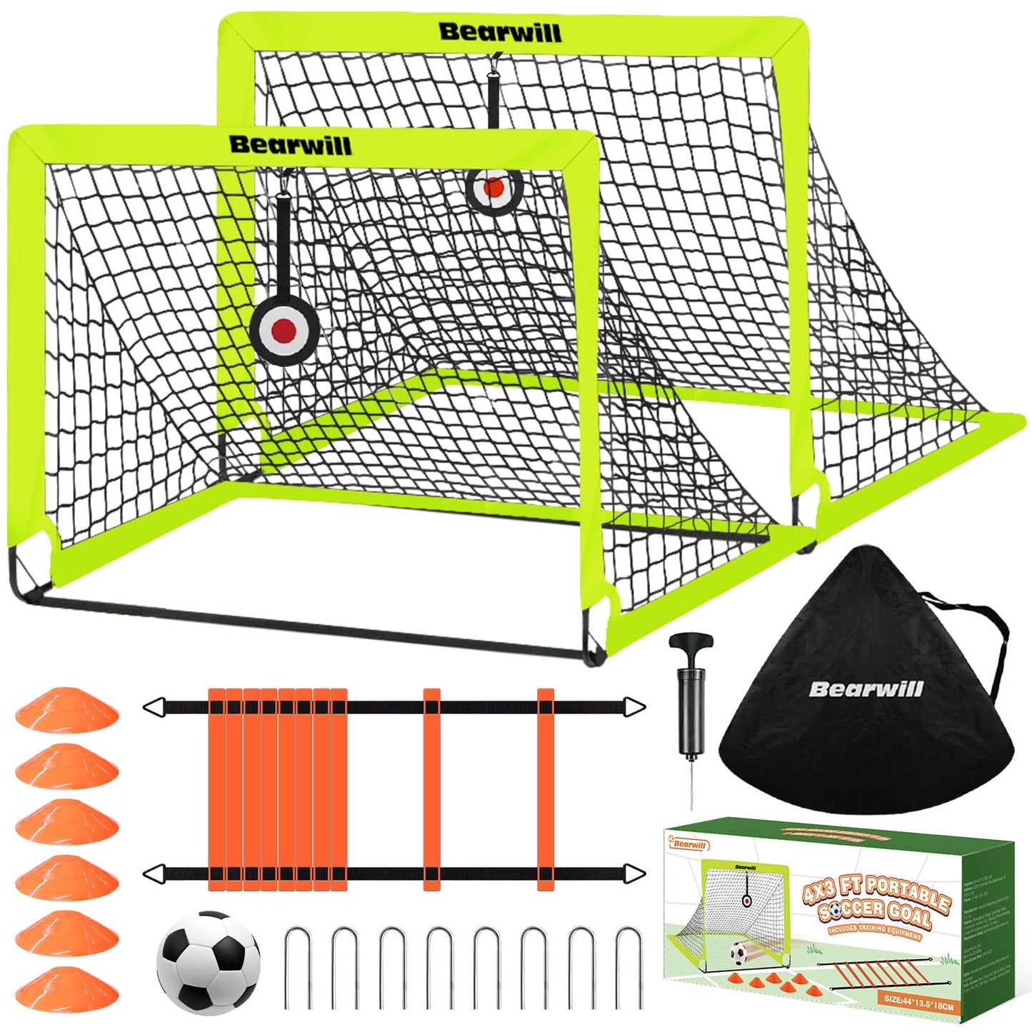 Soccer Goal, Kids Soccer Goals for Backyard Set of 2, 4x3ft Portable Soccer Goal Pop Up Soccer Net, Kids Soccer Net Training Equipment with Soccer Ball, Ladder, Cones, Targets