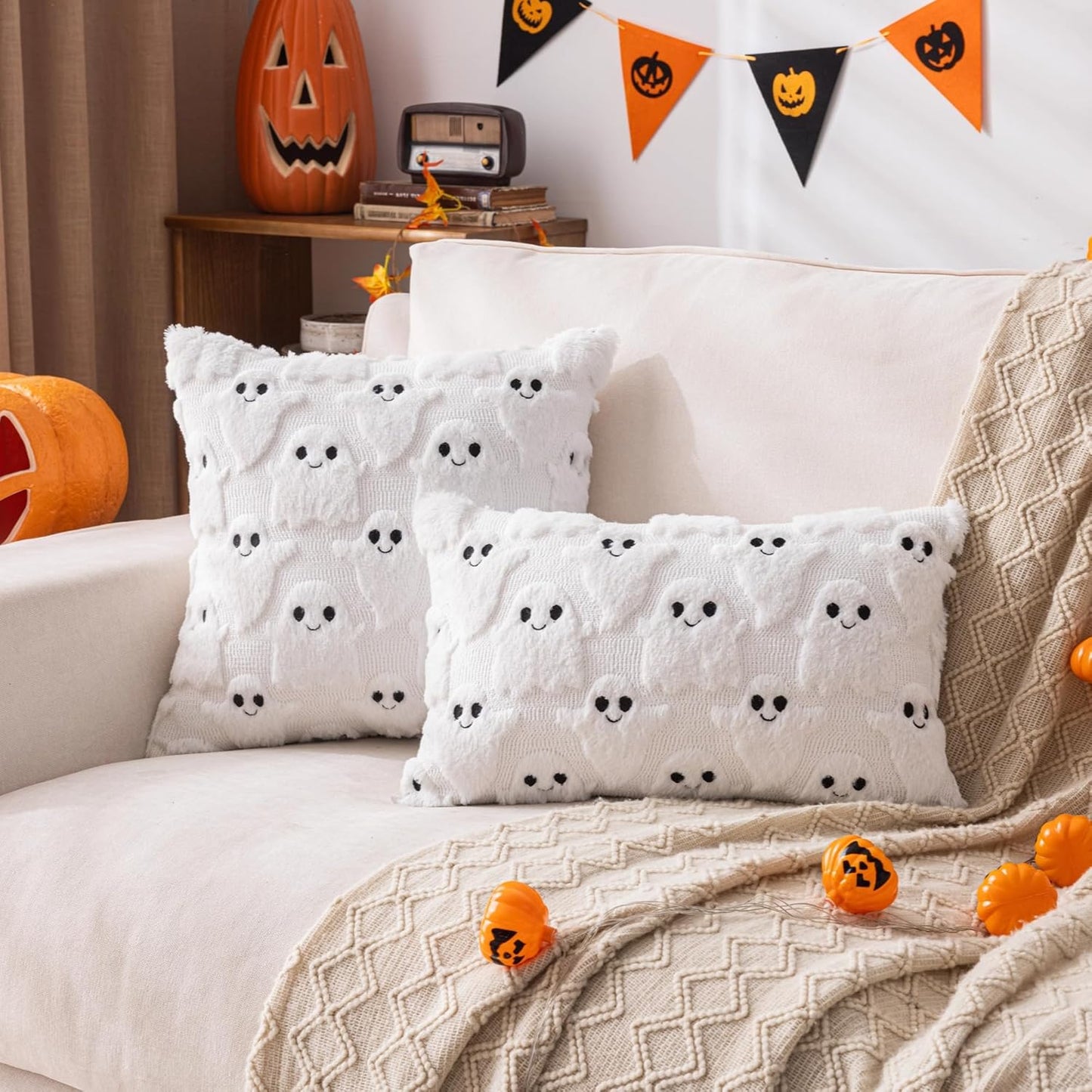 AQOTHES Halloween White Smile Ghost Throw Pillow Covers 18x18 inch Set of 2, Cute Skeleton Pillowcases Holiday Cushions Covers for Halloween Decorations Indoor Home Sofa Couch
