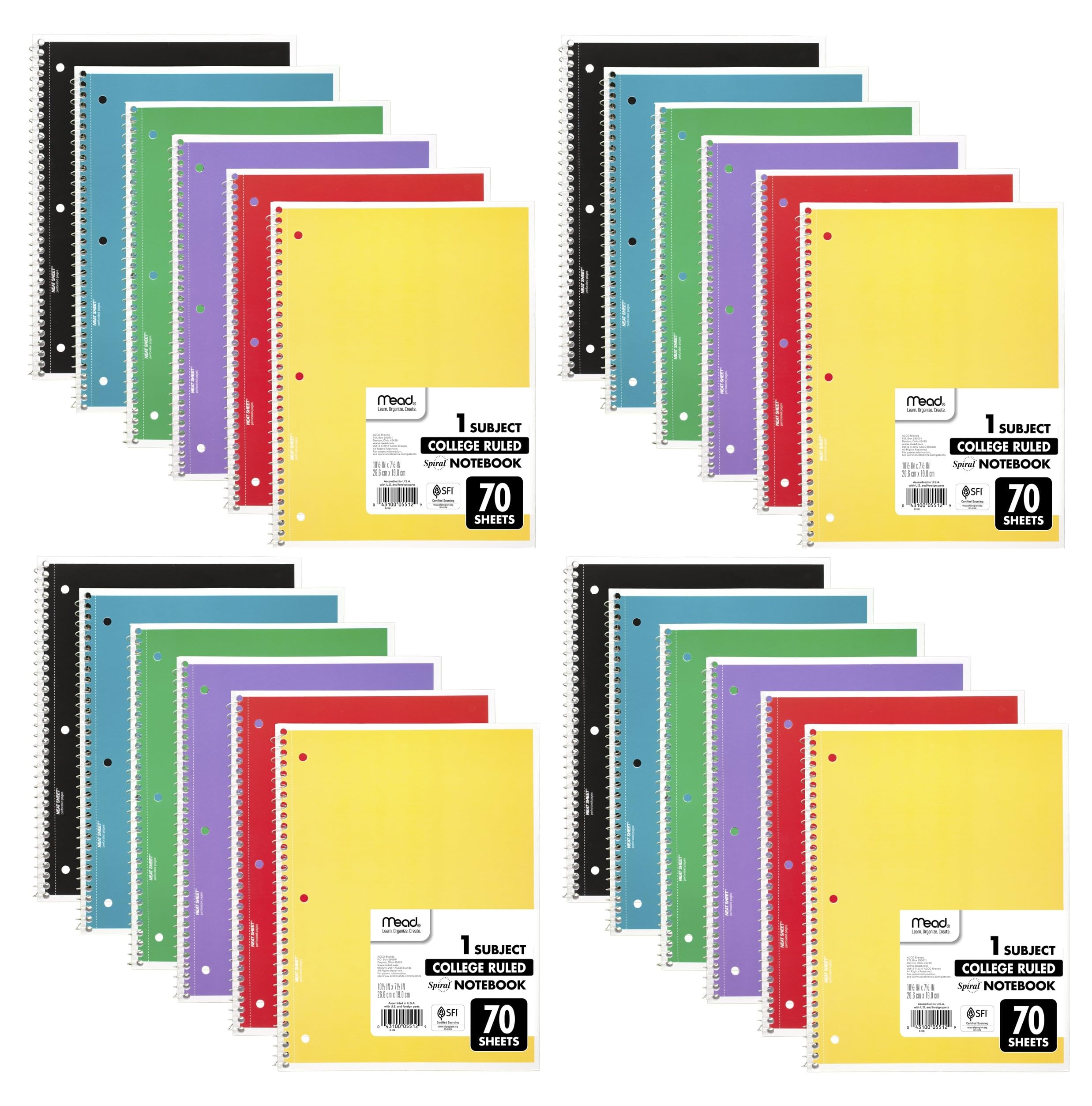 Mead Spiral Notebooks, 12 Pack, 1 Subject, College Ruled Paper, 7-1/2" x 10-1/2", 70 Sheets per Notebook, Color Will Vary (73703)
