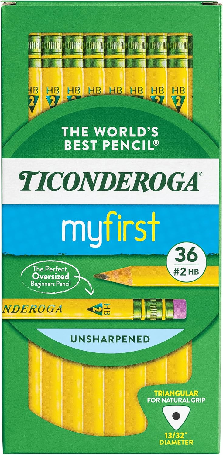 Ticonderoga My First Tri-Write Wood-Cased Pencils, Unsharpened, 2 HB Soft, With Erasers, Yellow, 36 Count