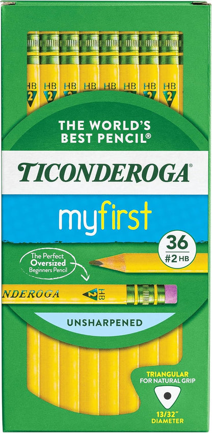 Ticonderoga My First Tri-Write Wood-Cased Pencils, Unsharpened, 2 HB Soft, With Erasers, Yellow, 36 Count
