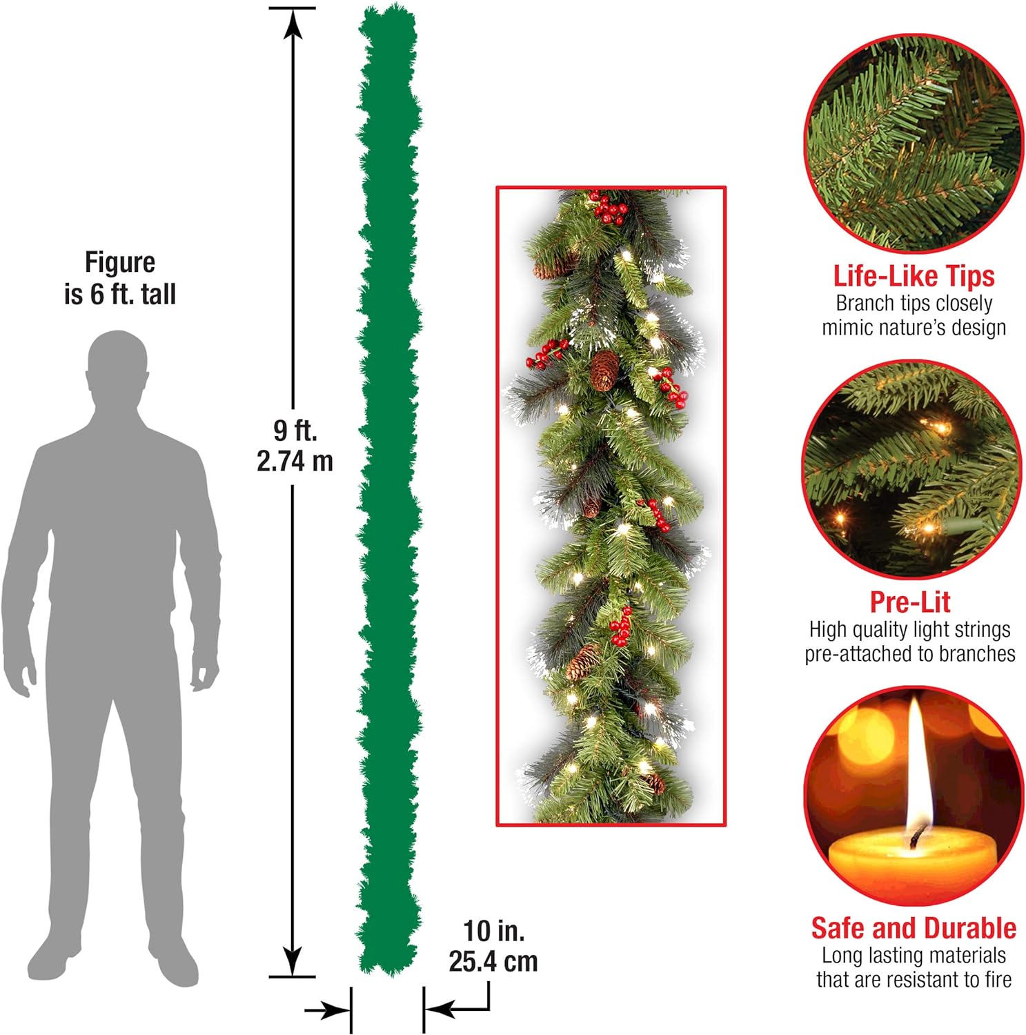 National Tree Company 9 ft Pre-Lit Crestwood Spruce Artificial Christmas Garland, Christmas Decoration with Glitter, Pinecones, Red Berries, 50 Warm White LED Lights, 180 Tips, Timer, Green