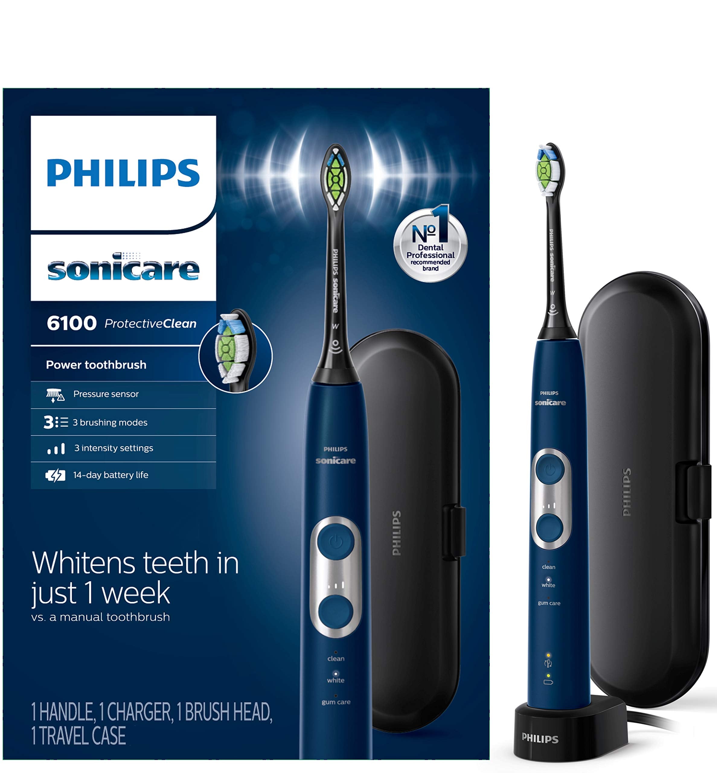 Philips Sonicare ProtectiveClean 6100 Rechargeable Electric Toothbrush, with Pressure Sensor, 3 Cleaning Modes, SmarTimer and QuadPacer, 14-Day Battery Life, Travel Case, Deep Purple, Model HX6471/03