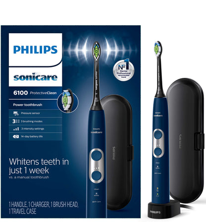 Philips Sonicare ProtectiveClean 6100 Rechargeable Electric Toothbrush, with Pressure Sensor, 3 Cleaning Modes, SmarTimer and QuadPacer, 14-Day Battery Life, Travel Case, Deep Purple, Model HX6471/03
