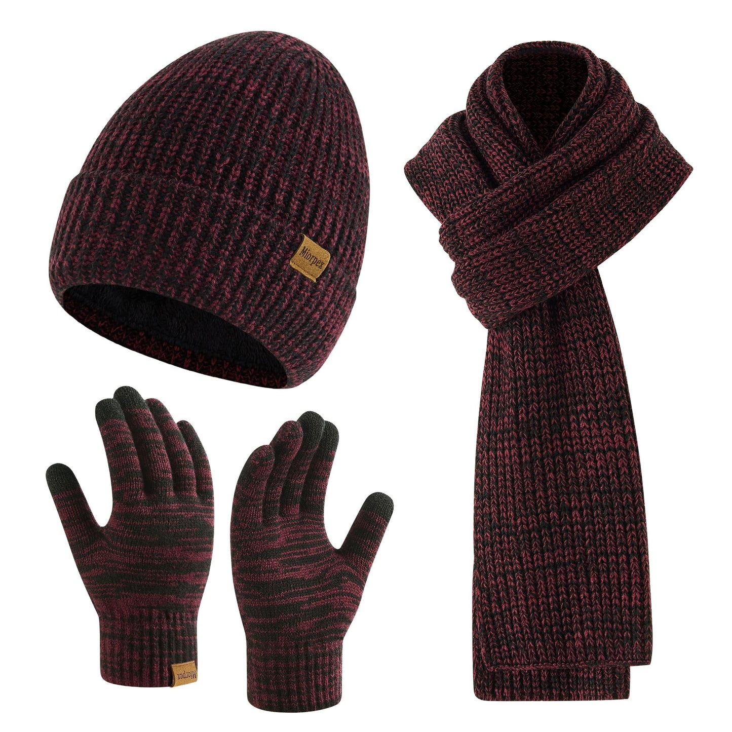 Mens Winter Beanie Hat Touchscreen Gloves Long Scarf 3 Set with Warm Fleece Lined Knit Cap Scarves for Men Women