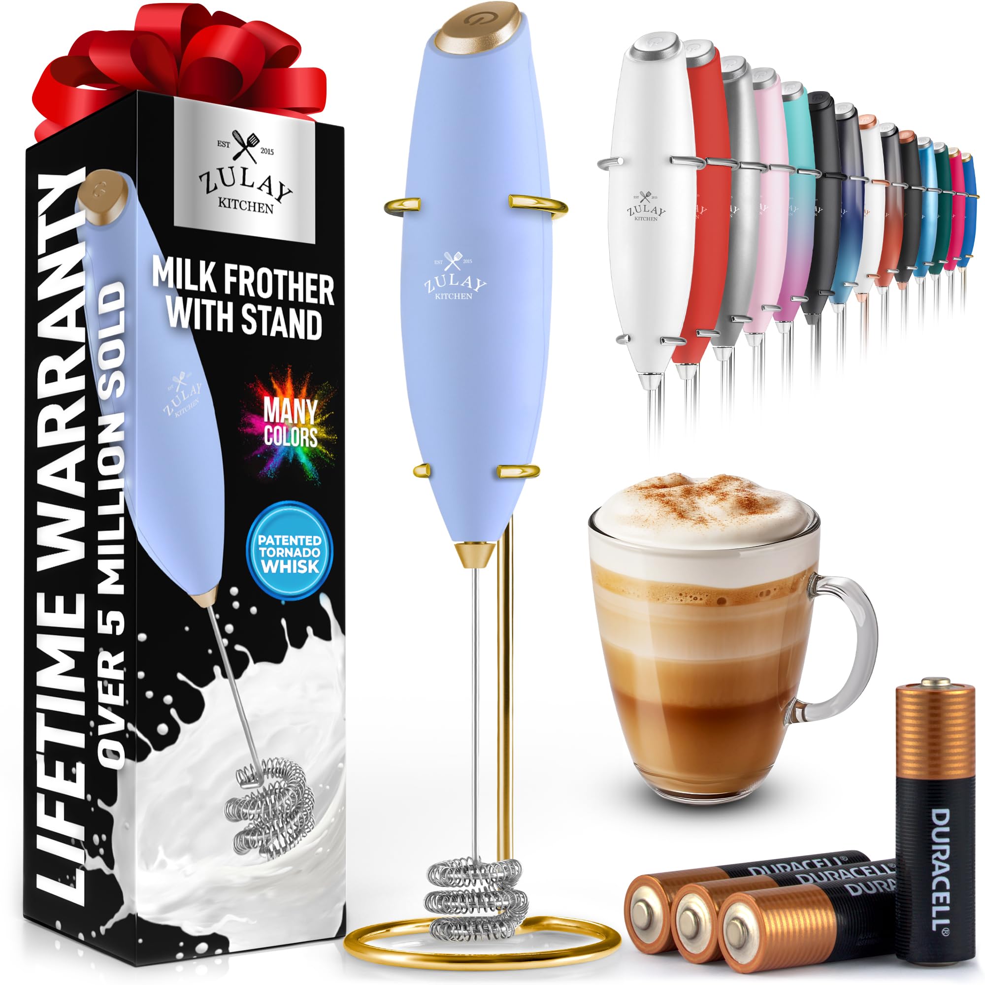 Zulay Kitchen Powerful Milk Frother Wand With 2 Duracell Batteries - Ultra Fast Handheld Drink Mixer - Electric Whisk Foam Maker for Coffee, Lattes, Cappuccino, Matcha, Hot Chocolate & Creamer - Black
