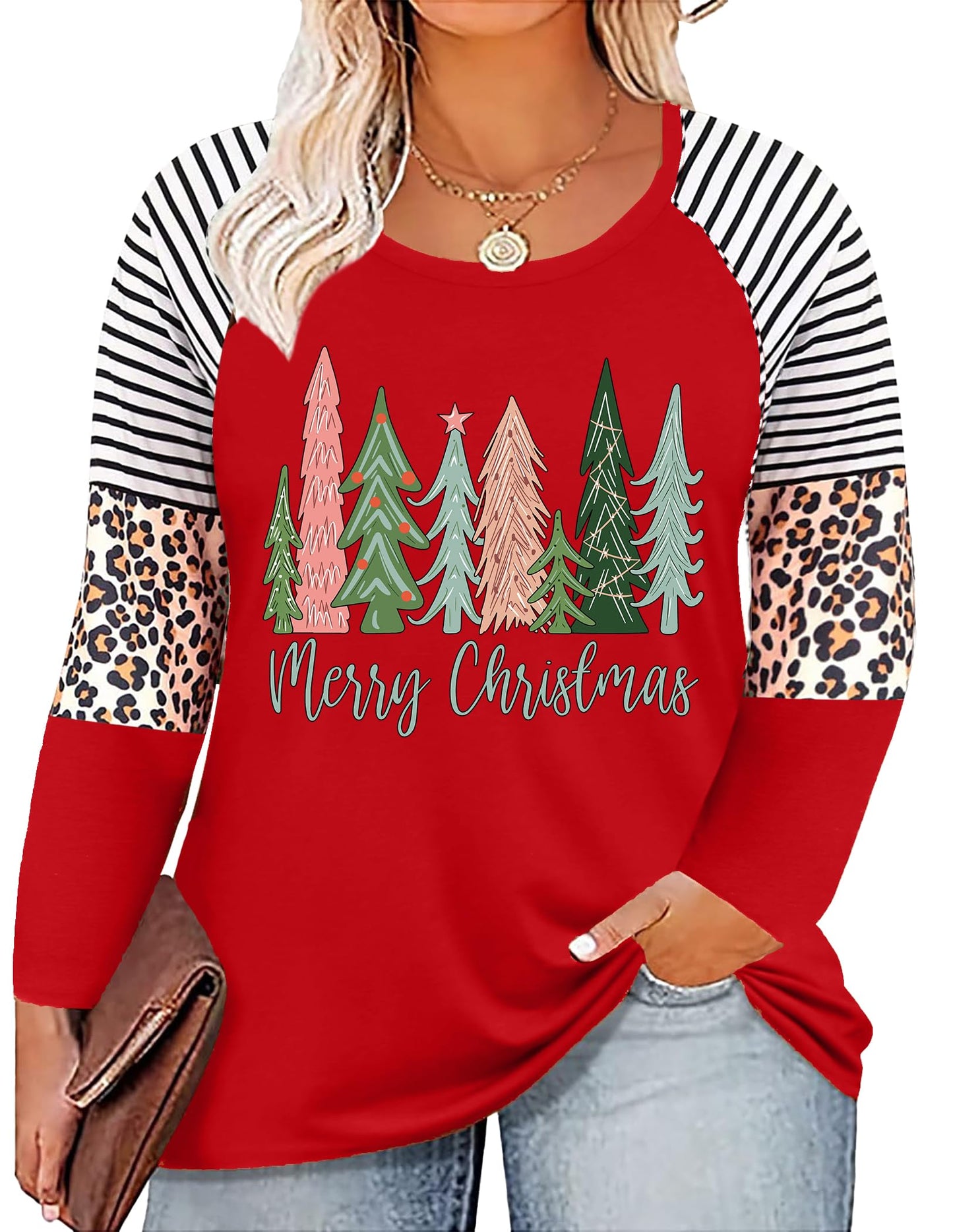 Plus Size Christmas T Shirt Women Xmas Leopard Plaid Trees Print Tees Casual Long Sleeve Holiday Shirts Top