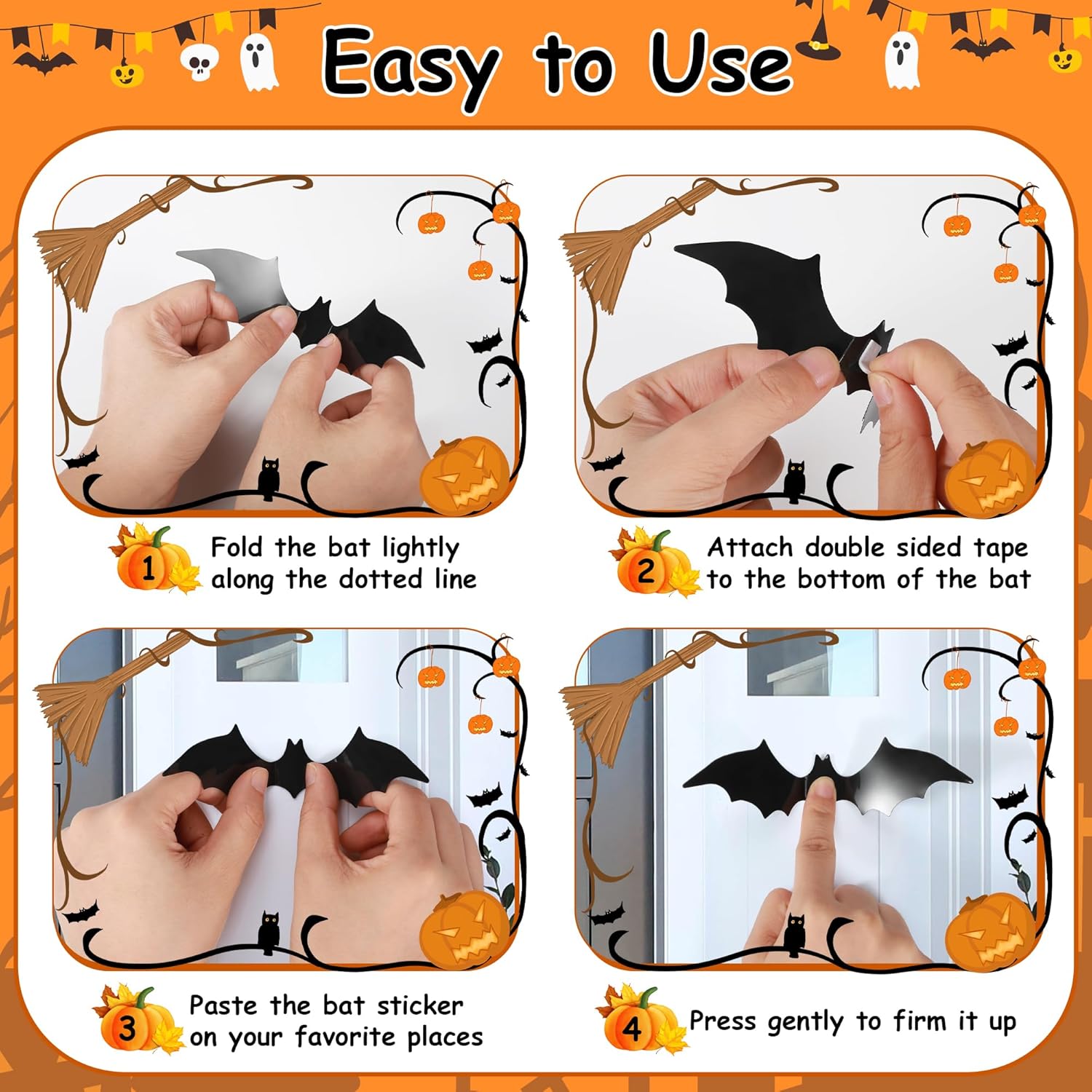 tgosomt Bats Wall Decor,120 Pcs 3D Bat Halloween Decoration Stickers, Waterproof Black 4 Size Bats for Hoom and Room Décor