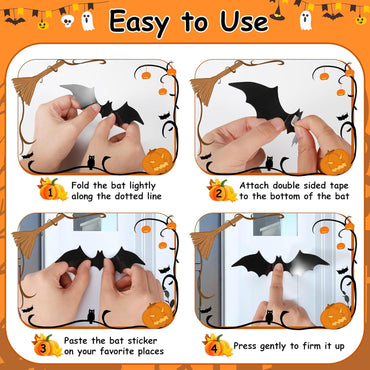 tgosomt Bats Wall Decor,120 Pcs 3D Bat Halloween Decoration Stickers, Waterproof Black 4 Size Bats for Hoom and Room Décor