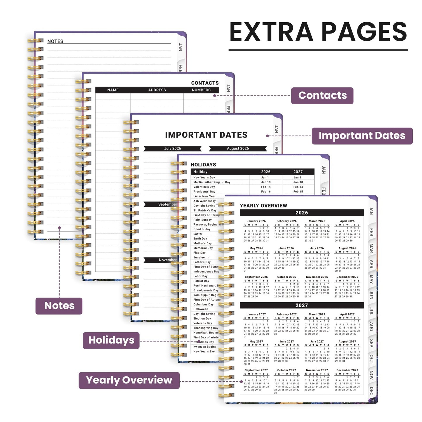 Hardcover 2026 Planner, Weekly and Monthly Calendar, Jan - Dec 2026 Planner Book with Tabs for Women, Inner Pocket, Spiral Bound, Perfect for Office/Home/School Supplies, Petals, A5, 6.3" x 8.5"