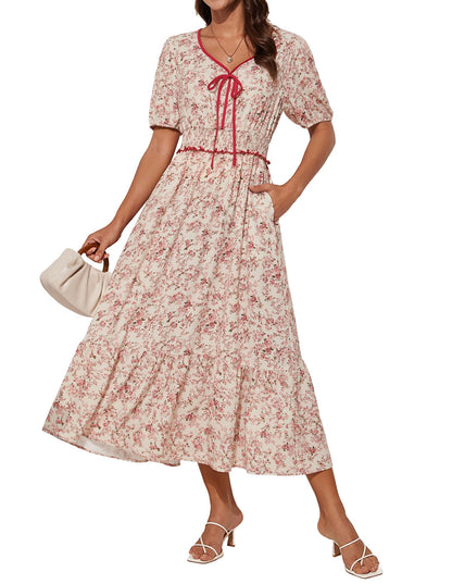 GRACE KARIN 2025 Women's Summer Floral Flowy A Line Midi Dresses Elegant Short Sleeve Smocked V-Neck Tiered Dresses
