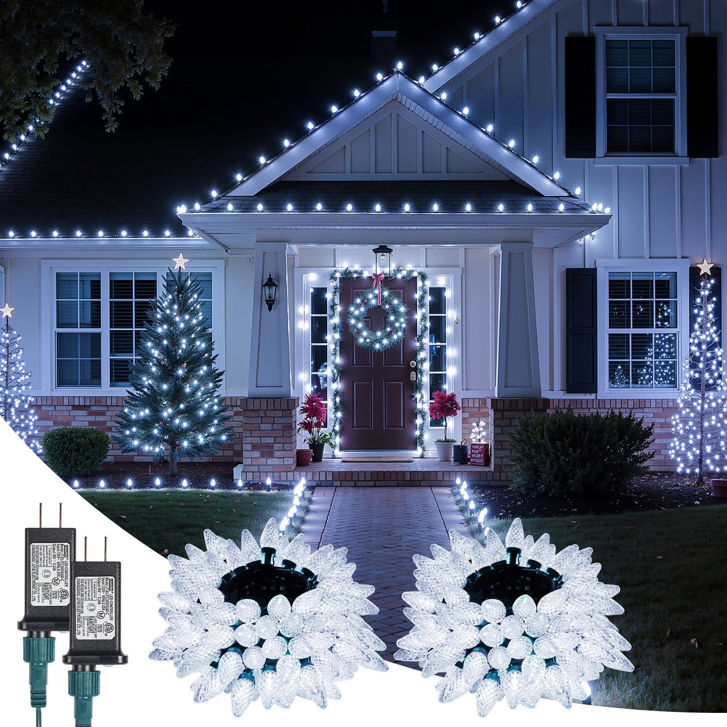 C9-Christmas-Lights-Outdoor,85FT 110LED String Lights with 8 Lighting Mode,Waterproof Connectable UL Certified Warm White C9-Led-Christmas-Light-Decorations for House Yard Patio Roof Garden Decor