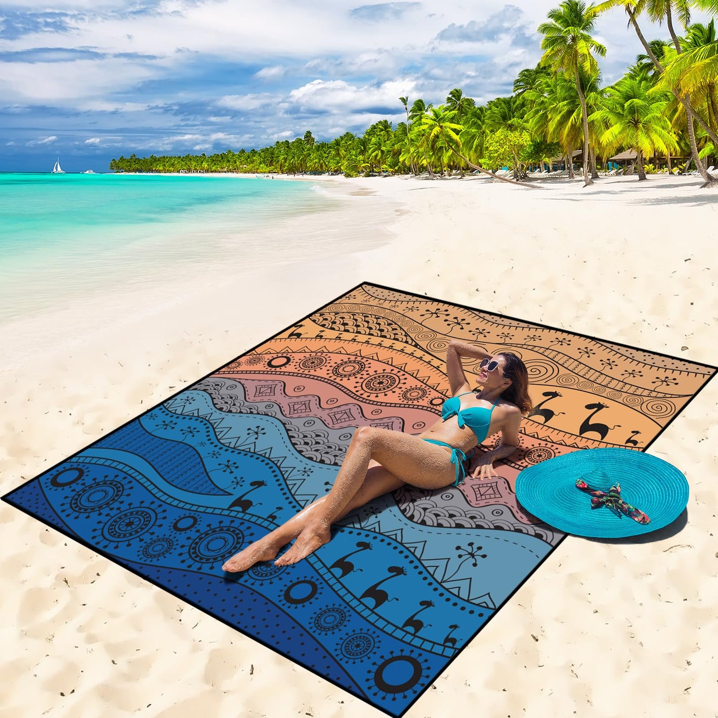 Beach Blanket Waterproof Sandproof Beach Mat 79" X 83" /10'x9'for 2-8 Adults Quick Drying Outdoor Picnic Mat Beach Accessories for Travel, Camping, Hiking