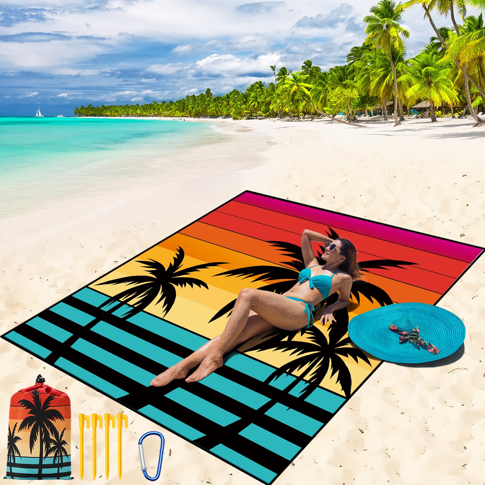 Beach Blanket Waterproof Sandproof Beach Mat 79" X 83" /10'x9'for 2-8 Adults Quick Drying Outdoor Picnic Mat Beach Accessories for Travel, Camping, Hiking