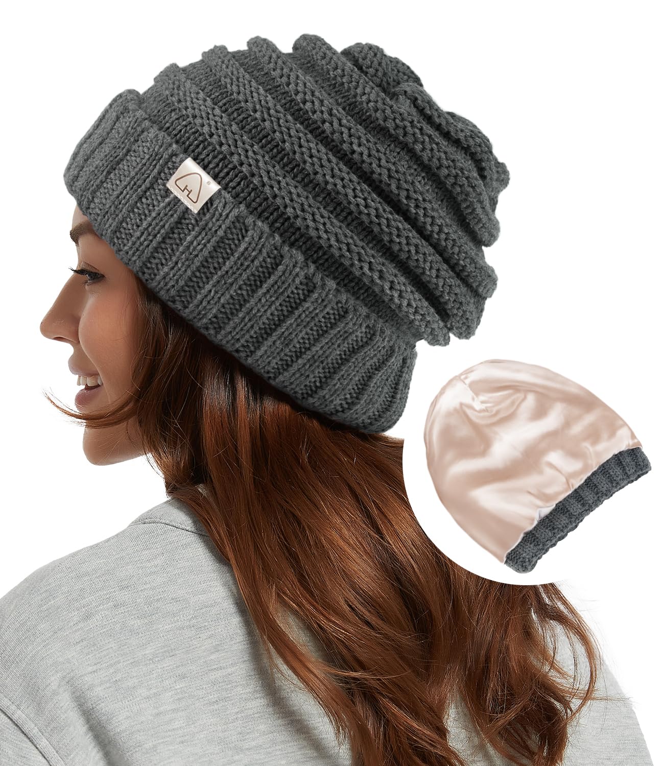 Hat Hut Womens Satin Lined Beanie Winter Hats with Silk Lining for Hair Slouchy Beanie Soft Warm Cable Knit Winter Hat