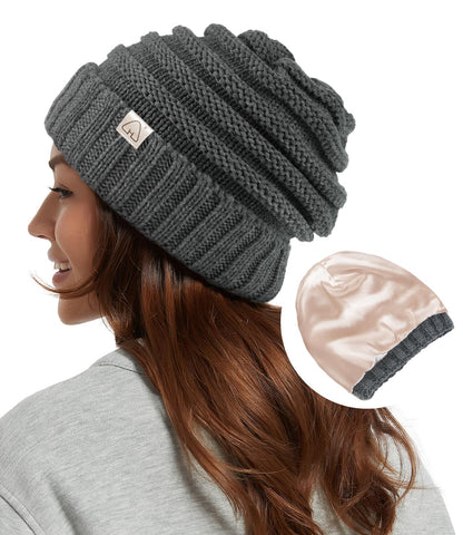 Hat Hut Womens Satin Lined Beanie Winter Hats with Silk Lining for Hair Slouchy Beanie Soft Warm Cable Knit Winter Hat