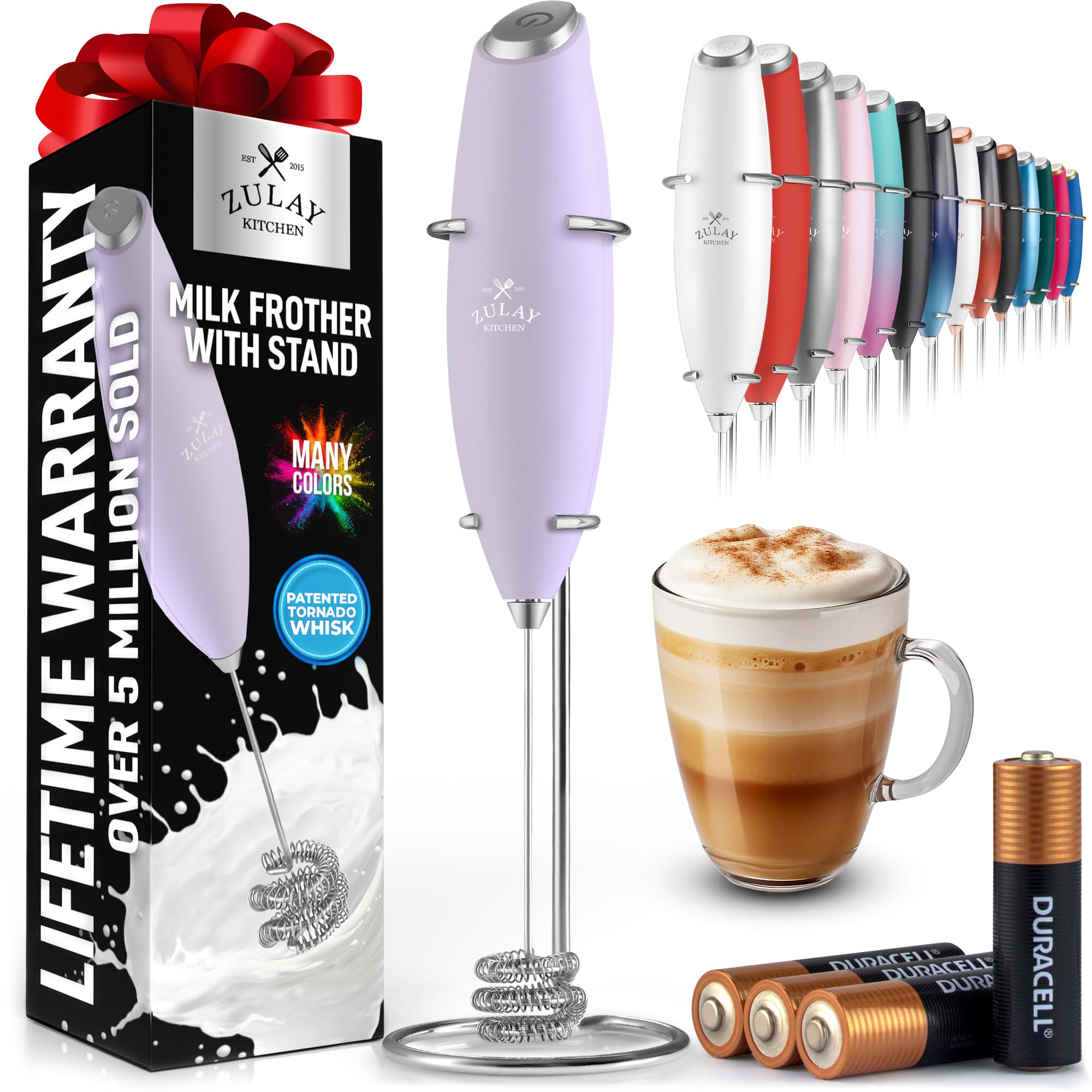 Zulay Kitchen Powerful Milk Frother Wand With 2 Duracell Batteries - Ultra Fast Handheld Drink Mixer - Electric Whisk Foam Maker for Coffee, Lattes, Cappuccino, Matcha, Hot Chocolate & Creamer - Black