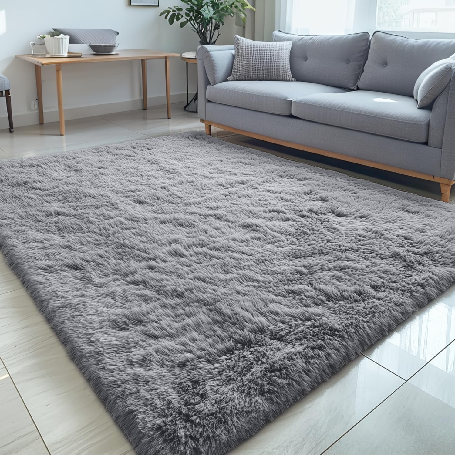 OLANLY Area Rugs for Living Room Bedroom, Machine Washable 4x5.9 ft Soft Fluffy Shaggy Bedside Rug, Indoor Floor Carpet for Kids Girls and Boys, Dorms, Nursery Rooms, Home Decor Aesthetic, Grey