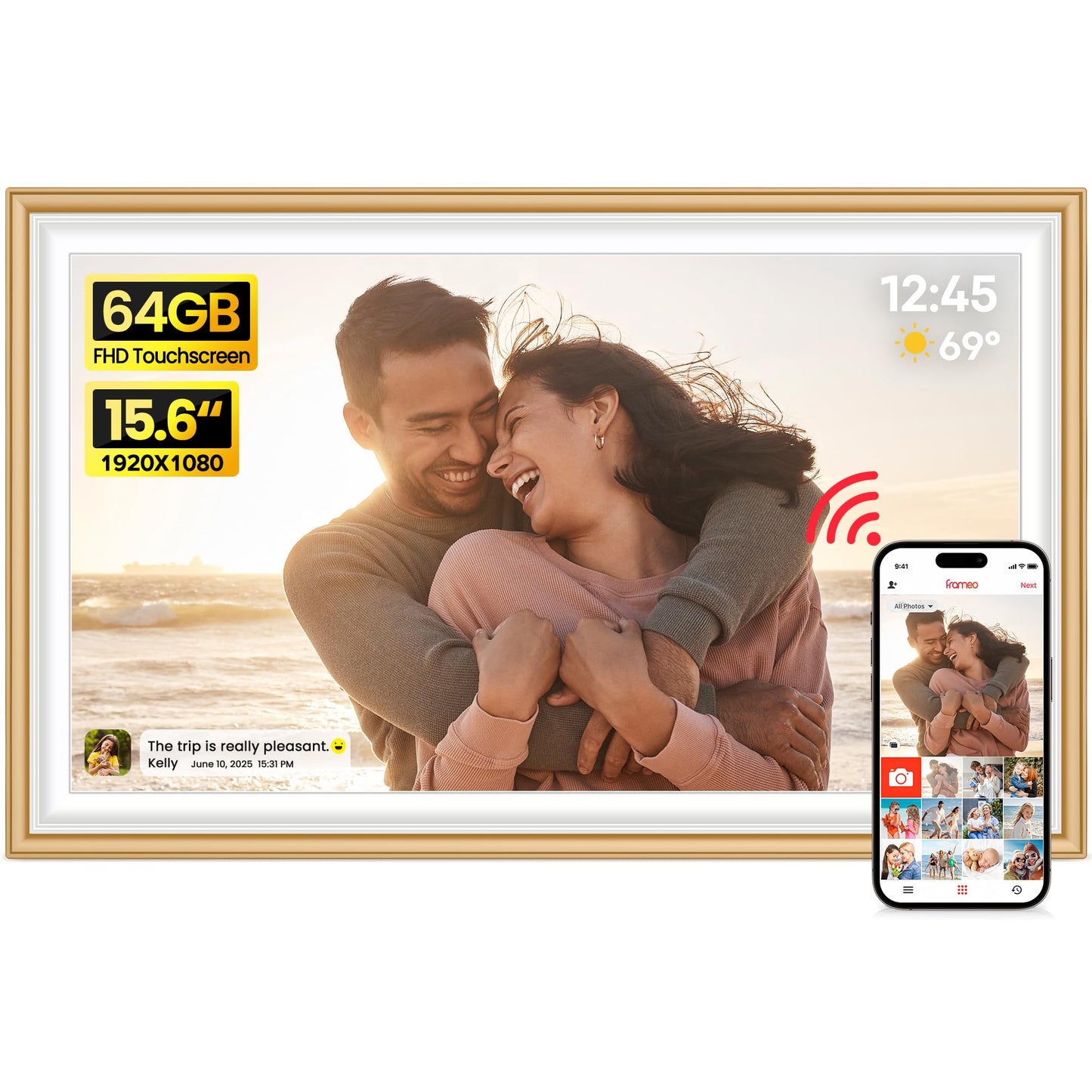 64GB 15.6" Frameo Digital Picture Frame WiFi, Large Electronic Photo Frames 1920 x 1080 IPS FHD Touch Screen, Send Photos from Your Phone from Anywhere, Best Gifts for Parents and Grandparents