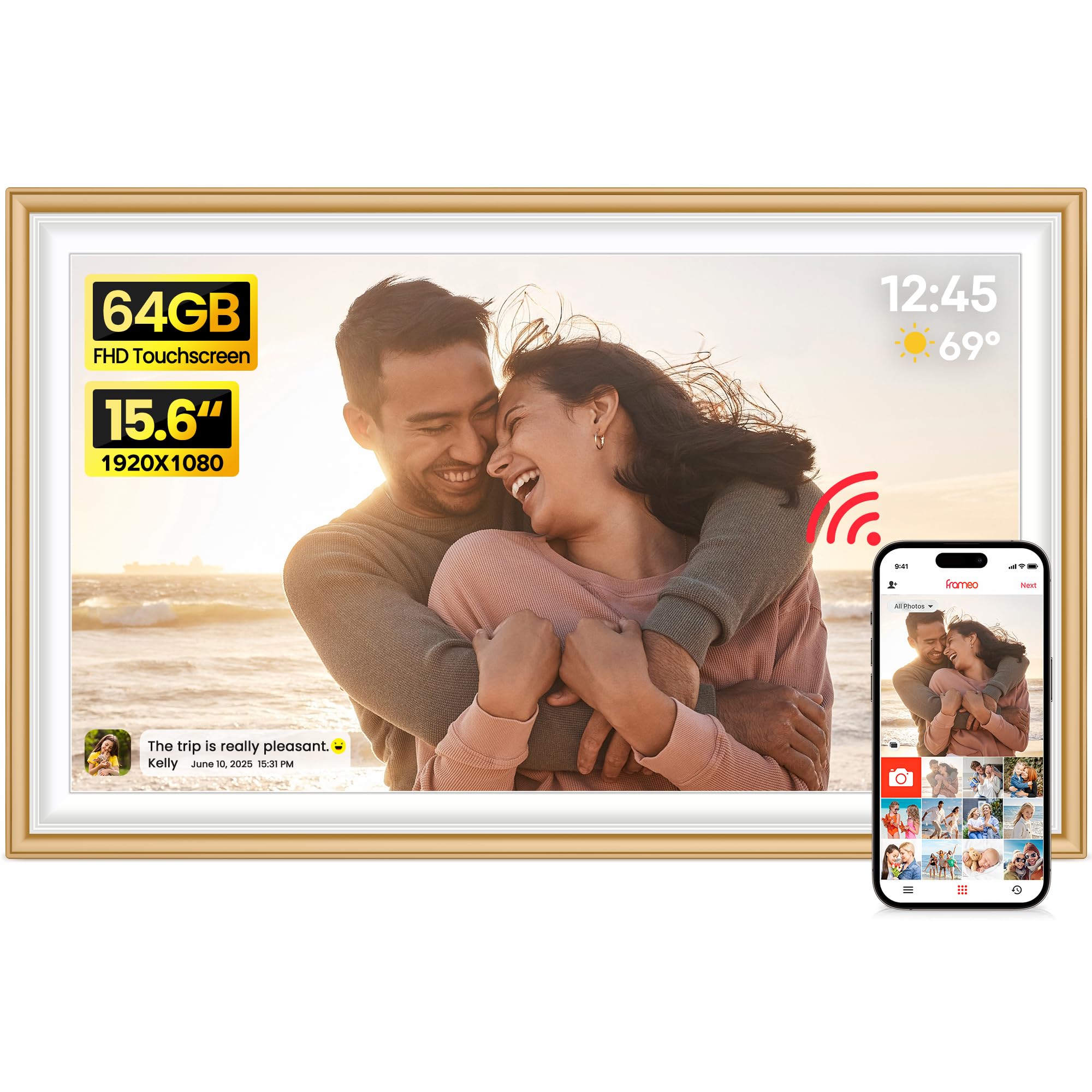 64GB 15.6" Frameo Digital Picture Frame WiFi, Large Electronic Photo Frames 1920 x 1080 IPS FHD Touch Screen, Send Photos from Your Phone from Anywhere, Best Gifts for Parents and Grandparents