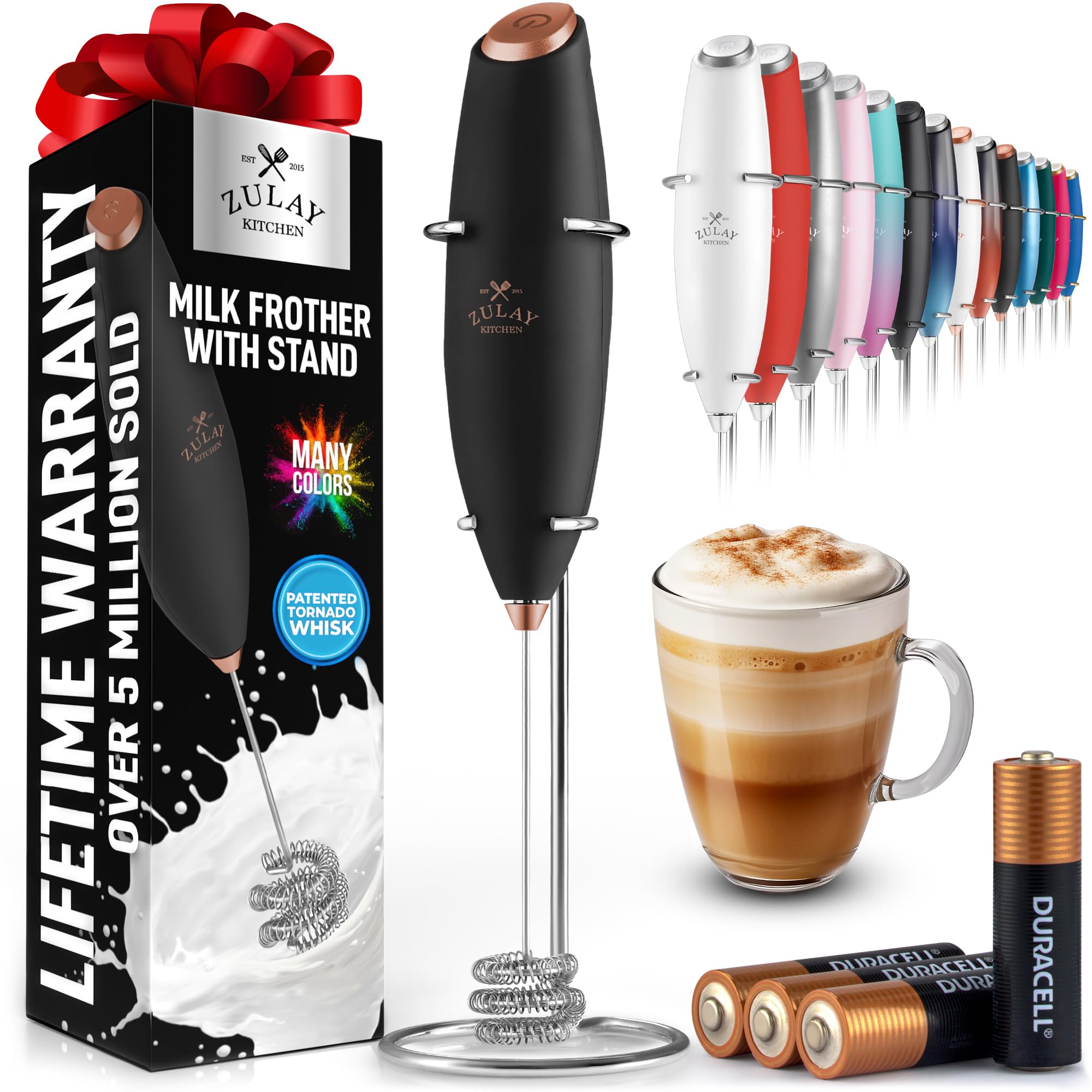 Zulay Kitchen Powerful Milk Frother Wand With 2 Duracell Batteries - Ultra Fast Handheld Drink Mixer - Electric Whisk Foam Maker for Coffee, Lattes, Cappuccino, Matcha, Hot Chocolate & Creamer - Black