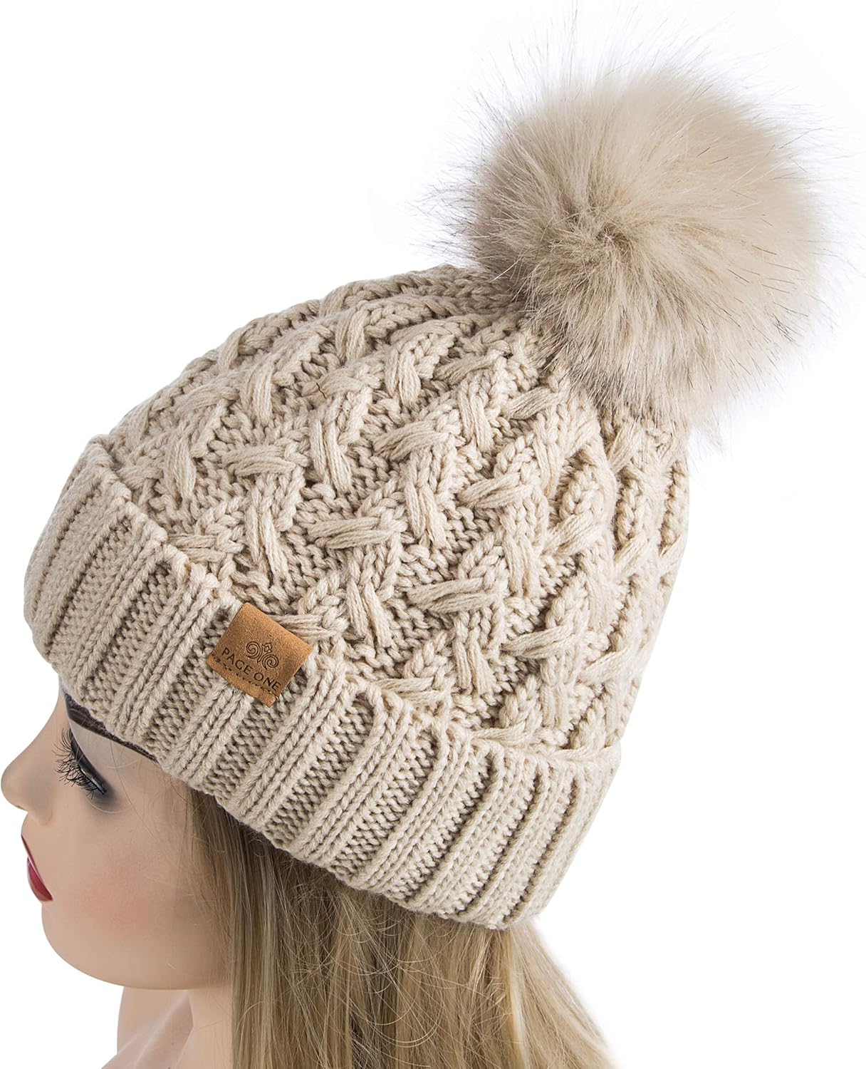 PAGE ONE Womens Winter Ribbed Beanie Crossed Cap Chunky Cable Knit Pompom Soft Warm Hat