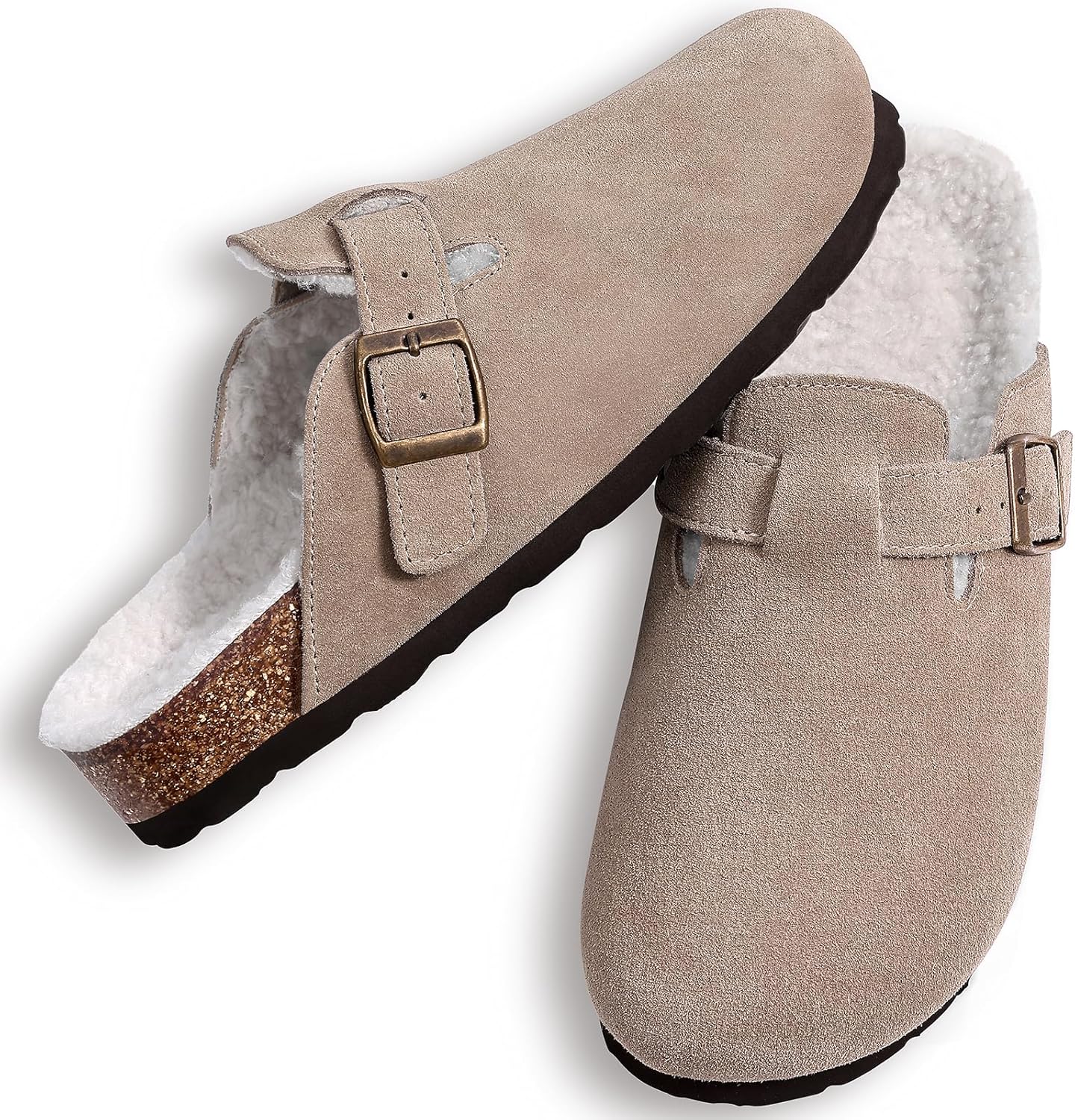 KIDMI Women's Fur Lined Suede Clogs Fuzzy Cork Footbed Mules Slip On Winter Potato Shoes