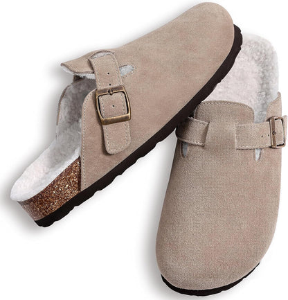 KIDMI Women's Fur Lined Suede Clogs Fuzzy Cork Footbed Mules Slip On Winter Potato Shoes