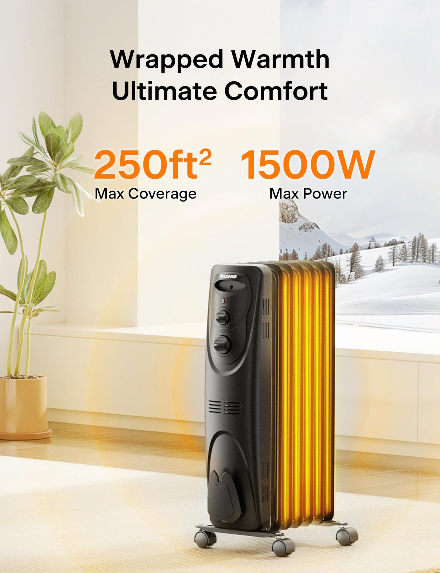 Pelonis Oil Filled Radiator Heater for Large Space, 2025 Upgraded, Space Heaters with 1500W Quiet Warmth Radiant Heater, 3 Heating Modes, Overheat & Tip-Over Protection, Adjustable Thermostat, Black