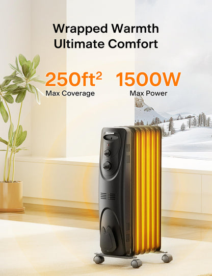 Pelonis Oil Filled Radiator Heater for Large Space, 2025 Upgraded, Space Heaters with 1500W Quiet Warmth Radiant Heater, 3 Heating Modes, Overheat & Tip-Over Protection, Adjustable Thermostat, Black