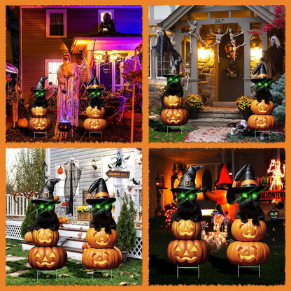 2Pcs 4.0FT Black Cat Halloween Decorations Outdoor- Plastic Yard Signs With Stakes, Spooky Pumpkin Outdoor Decor, Scary Silhouette With Glow in Dark Eyes for Yard, Lawn, Garden