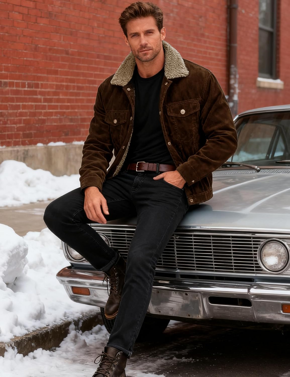 MAGCOMSEN Men's Corduroy Jacket Winter Sherpa Lined Warm Thick Trucker Cargo Coat with 5 Pockets