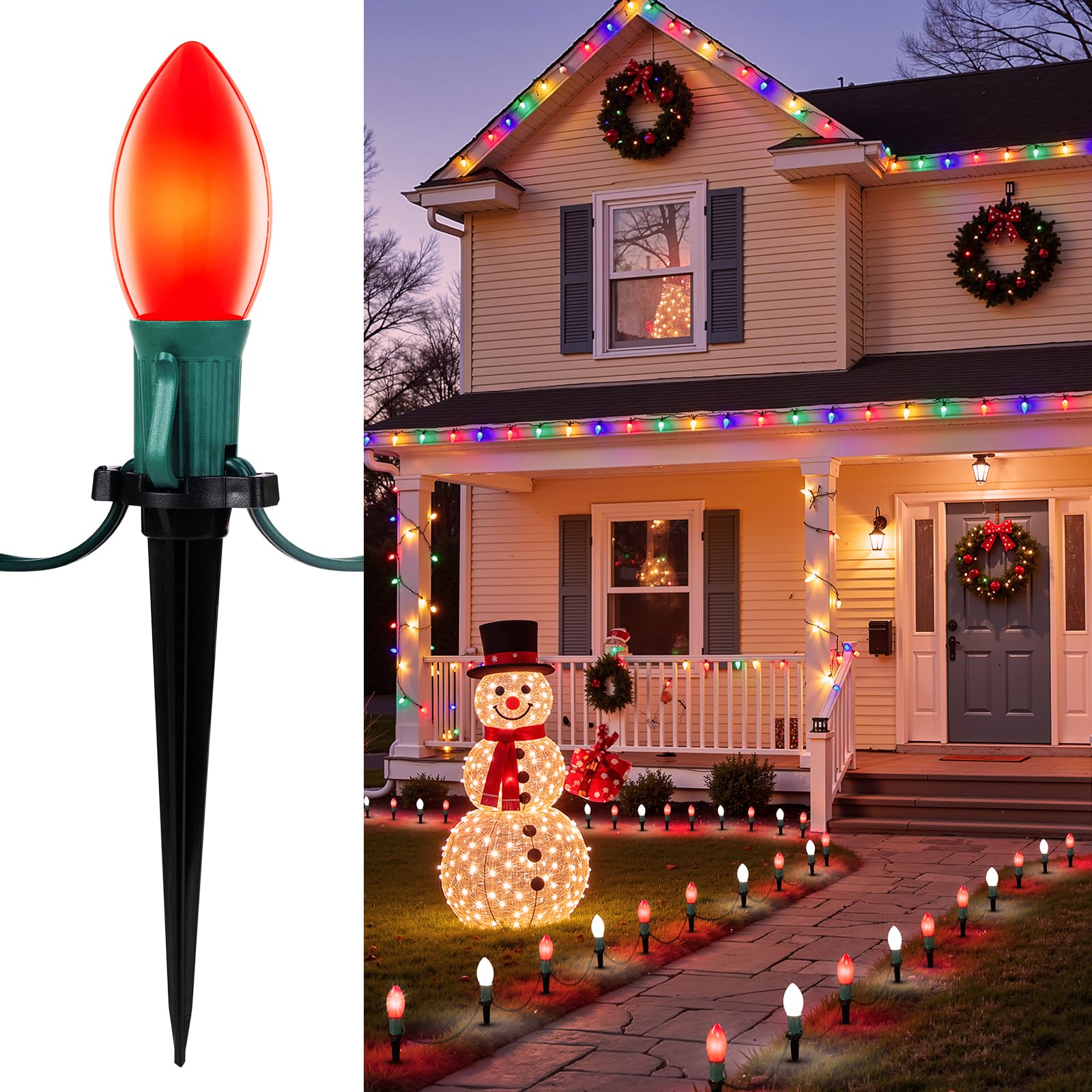 Christmas Pathway Lights Outdoor, 25.7 Feet C9 Lights with 20 Multicolor Bulbs and Stakes, Connectable Outdoor Christmas Decorations Outside Yard Walkway Sidewalk Holiday