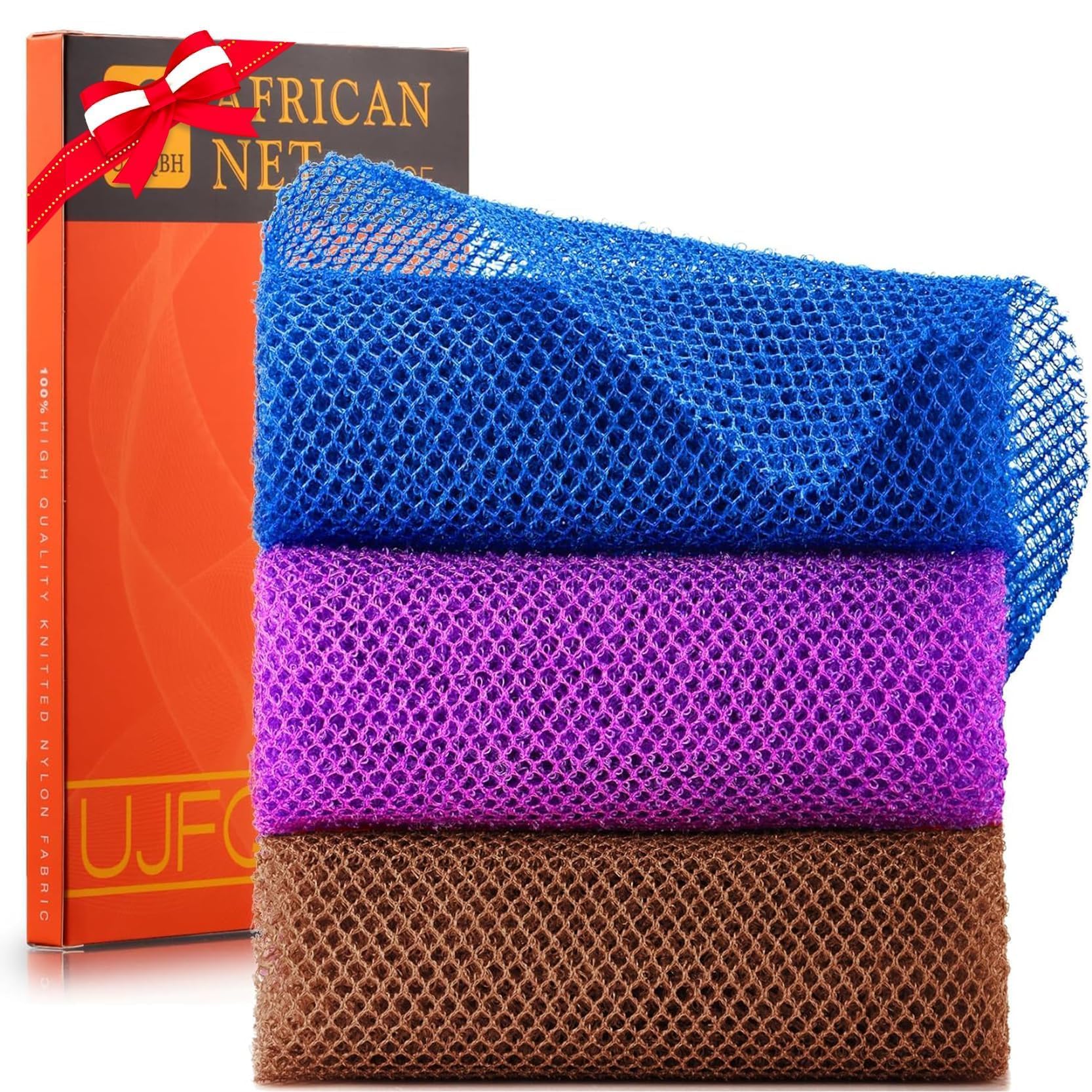 UJFQBH 3 Pieces African Bath Sponge African Net Long Net Bath Sponge Exfoliating Shower Body Scrubber Back Scrubber Skin Smoother,Great for Daily Use (Pink,Yellow,Purple)