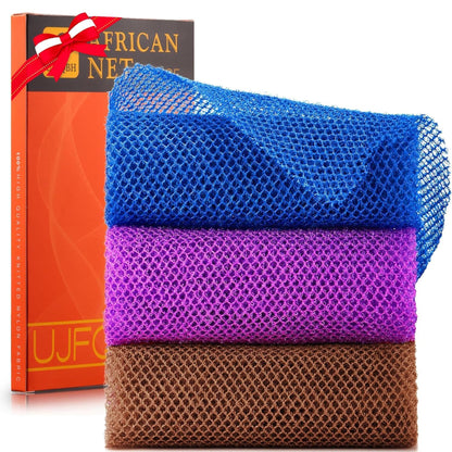 UJFQBH 3 Pieces African Bath Sponge African Net Long Net Bath Sponge Exfoliating Shower Body Scrubber Back Scrubber Skin Smoother,Great for Daily Use (Pink,Yellow,Purple)