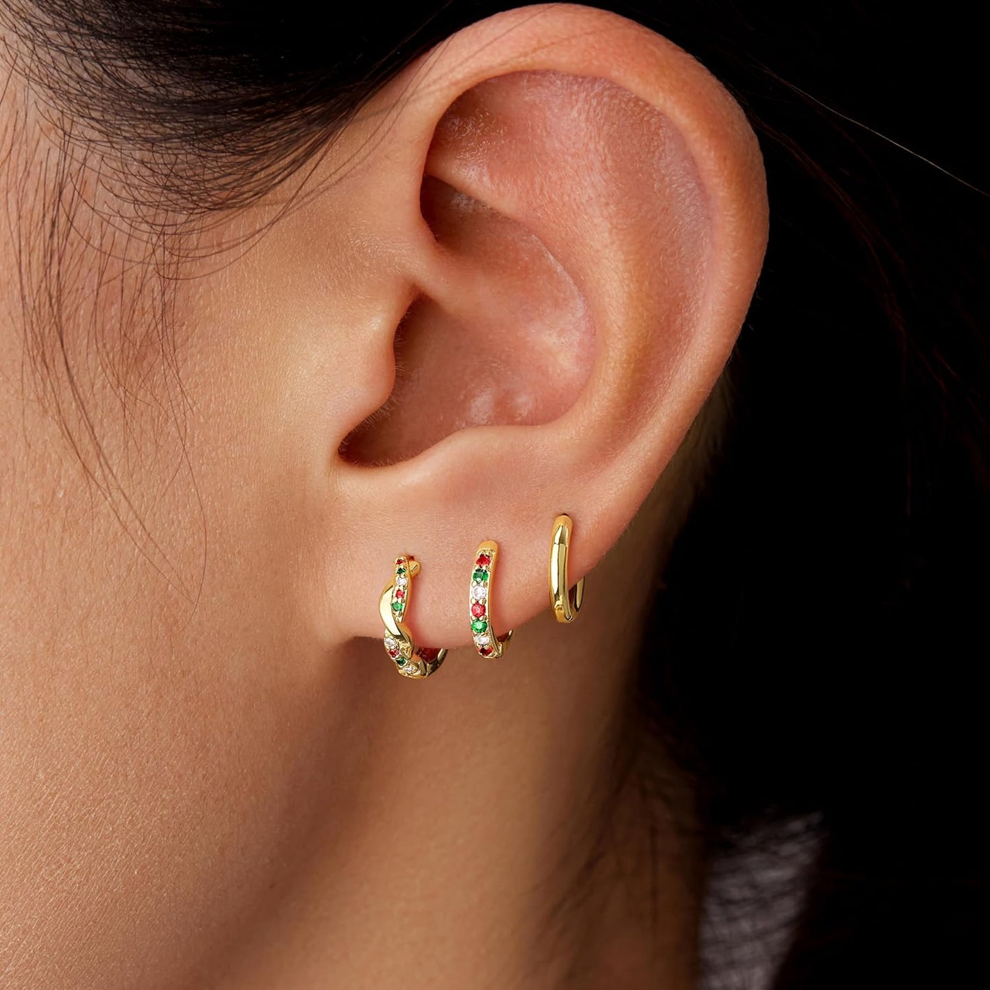 Inerney Gold Huggie Hoop Earrings Set for Women, Dainty Small Sterling Silver Earring Stacks Hypoallergenic Jewelry for Multiple Piercings, Trendy Twisted Cute Cartilage Hoops Birthstone Gift 3 Pairs