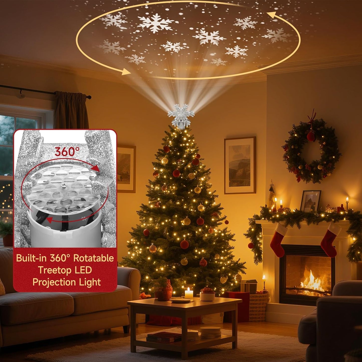 Christmas Tree Topper Lighted with Built-in LED Rotating Snowflake Projector, 3D Hollow Glitter Silver Snowflake Tree Topper for Xmas Party Holiday Christmas Decorations